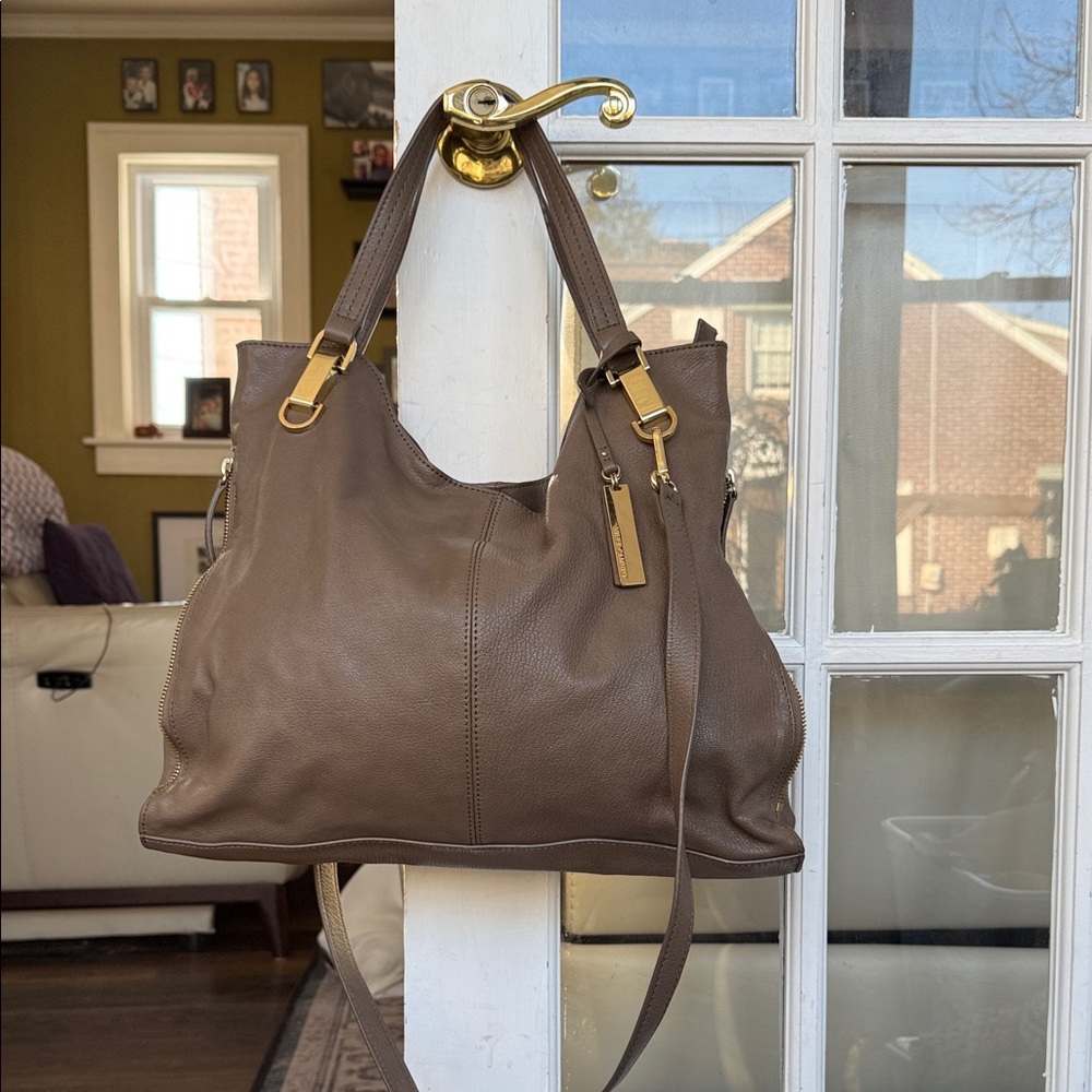 Vince Camuto Brown Leather Shoulder Bag with Gold Accents